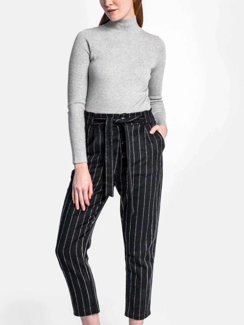 Pink Martini "The Faith" High-Waist Pinstripe Wool Blend Paperbag Pants